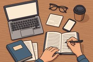 Student studying at a desk with laptop and notebook while working on last-minute homework