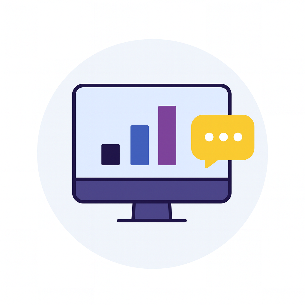 Icon of a computer with progress bars and chat bubble for tracking homework progress