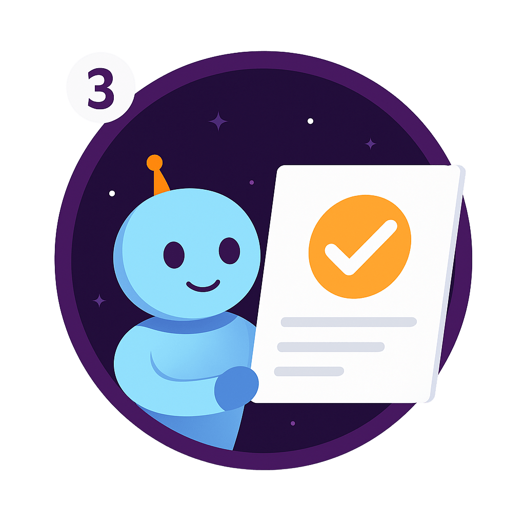 Robot receiving a completed homework solution with a checkmark from an online homework help service