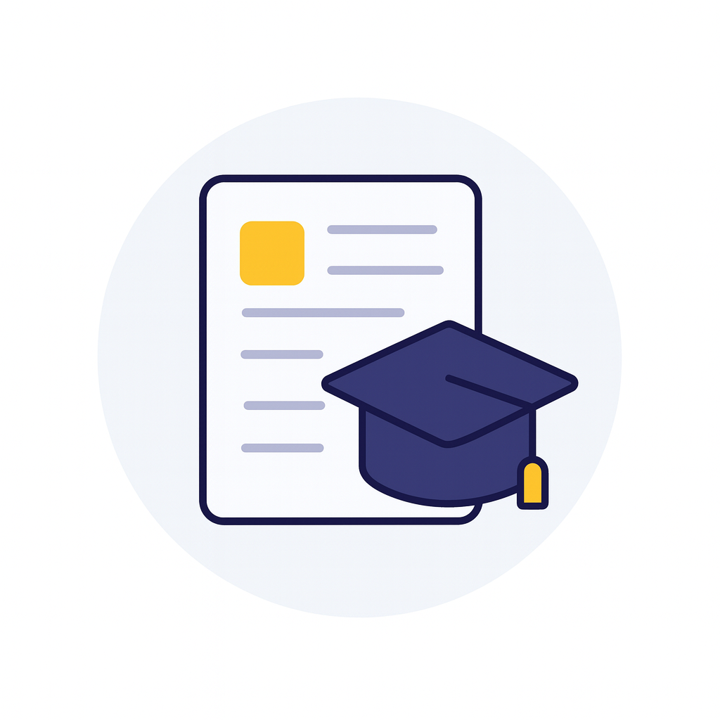 Icon of a completed document with graduation cap representing receiving the finished homework