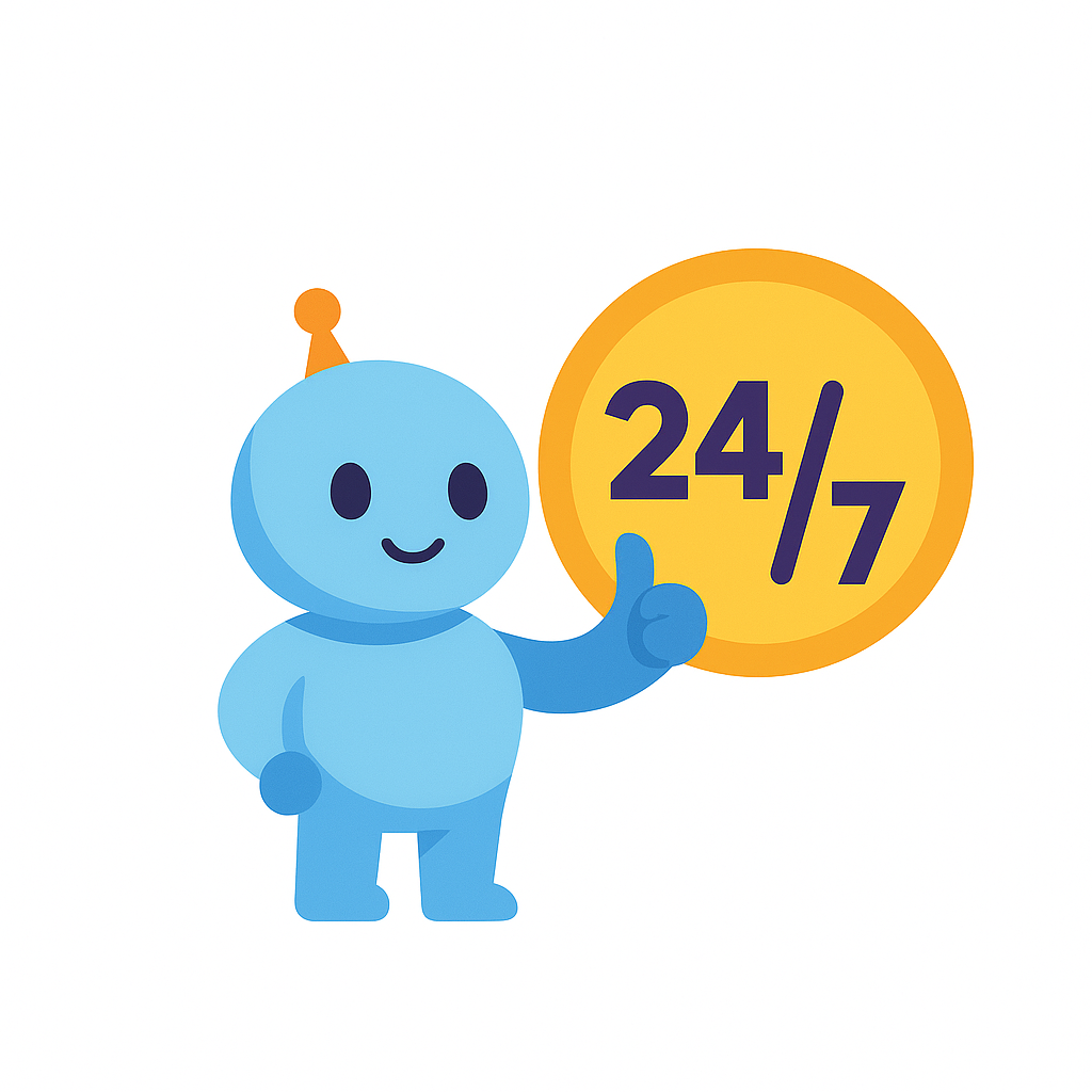 24 7 availability icon with friendly robot for 24 hour homework help service